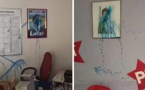 Imagens de Lula e Dilma vandalizadas no gabinete do PT em Diadema